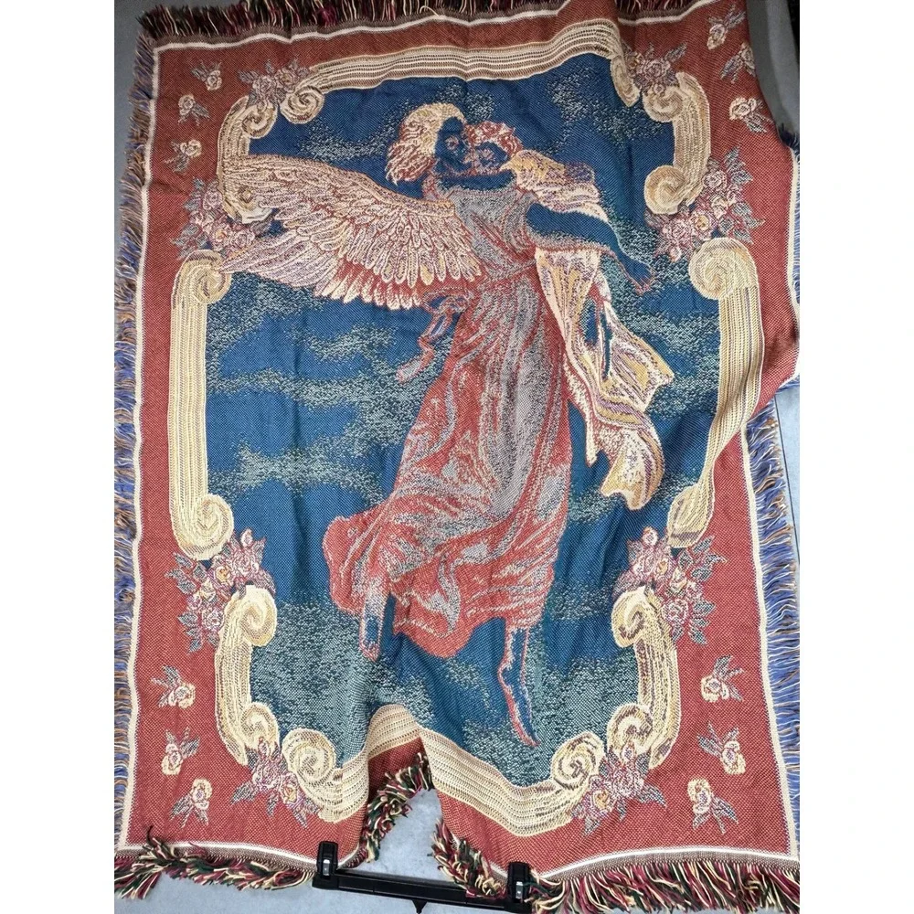 Vintage Woven Tapestry Throw Blanket Angel with Child Floral Fringe 56